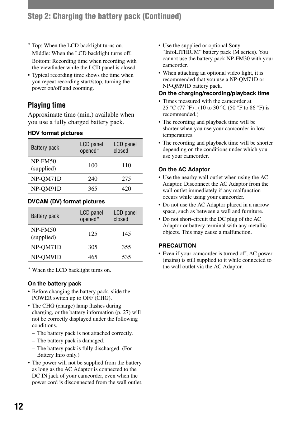 Step 2: charging the battery pack (continued), Playing time | Sony HVR-A1N User Manual | Page 12 / 128