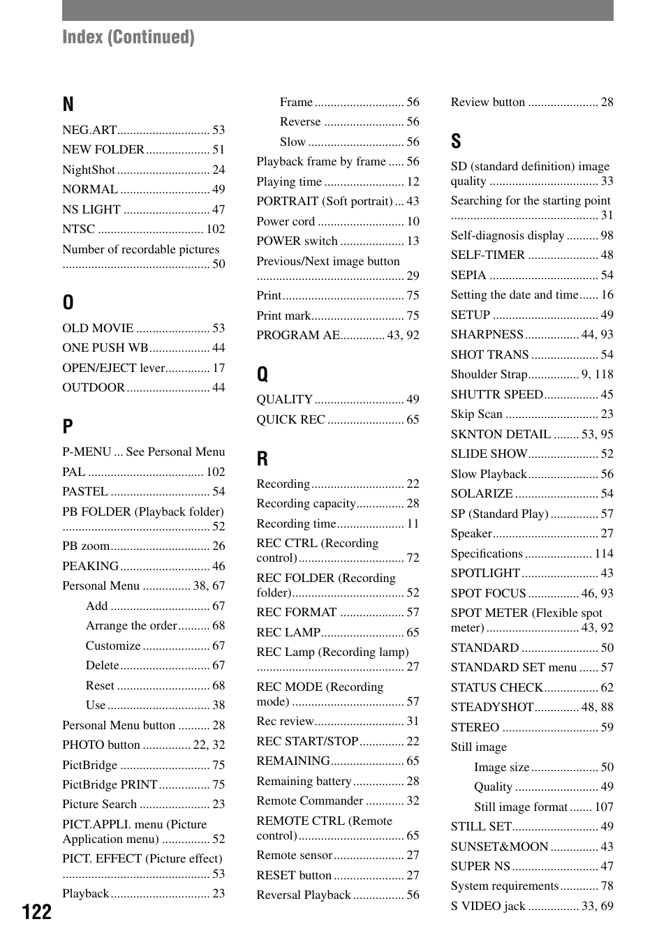 Index (continued) | Sony HVR-A1N User Manual | Page 122 / 128