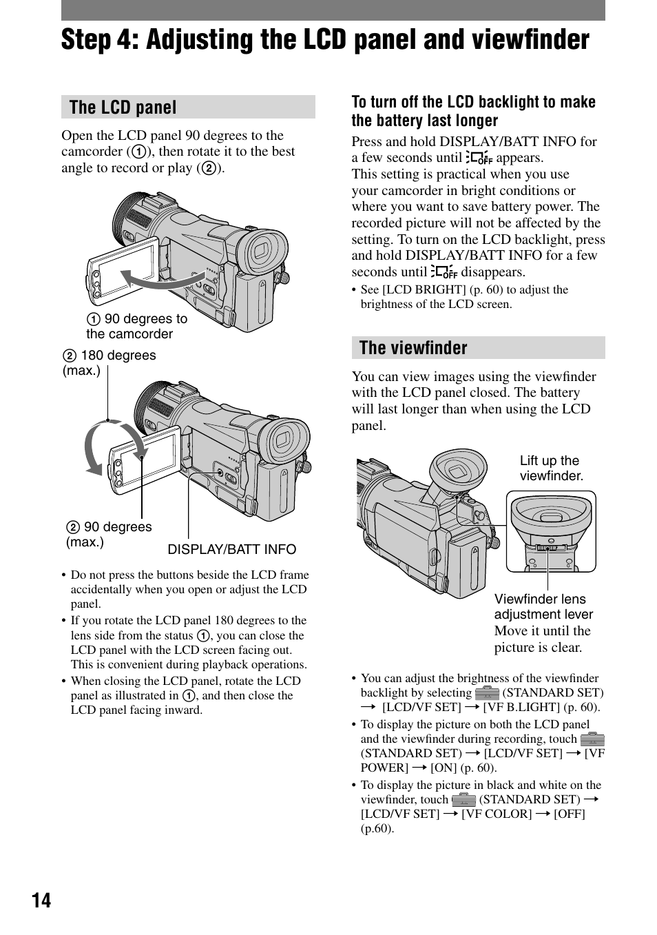 Step 4: adjusting the lcd panel and viewfinder, Step 4: adjusting the lcd panel and viewﬁnder, The lcd panel | The viewﬁnder | Sony HVR-A1N User Manual | Page 14 / 128