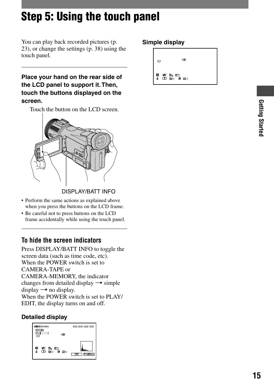 Step 5: using the touch panel | Sony HVR-A1N User Manual | Page 15 / 128