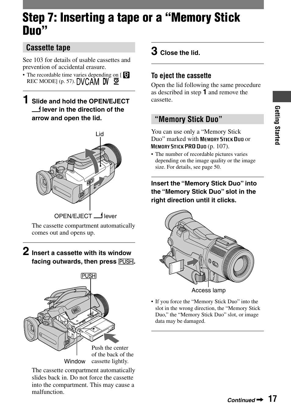 Step 7: inserting a tape or a “memory stick duo | Sony HVR-A1N User Manual | Page 17 / 128