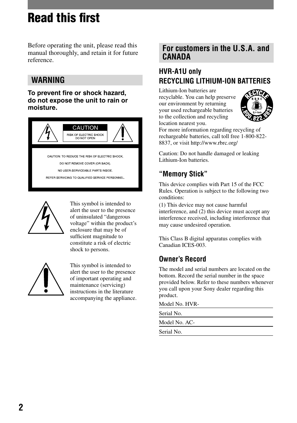 Read this ﬁrst, Warning, For customers in the u.s.a. and canada | Sony HVR-A1N User Manual | Page 2 / 128