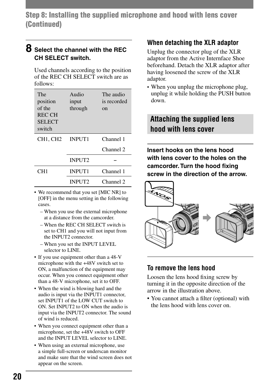 Attaching the supplied lens hood with lens cover | Sony HVR-A1N User Manual | Page 20 / 128