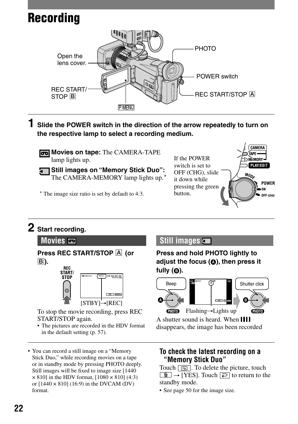 Recording/playback, Recording, Movies | Still images | Sony HVR-A1N User Manual | Page 22 / 128