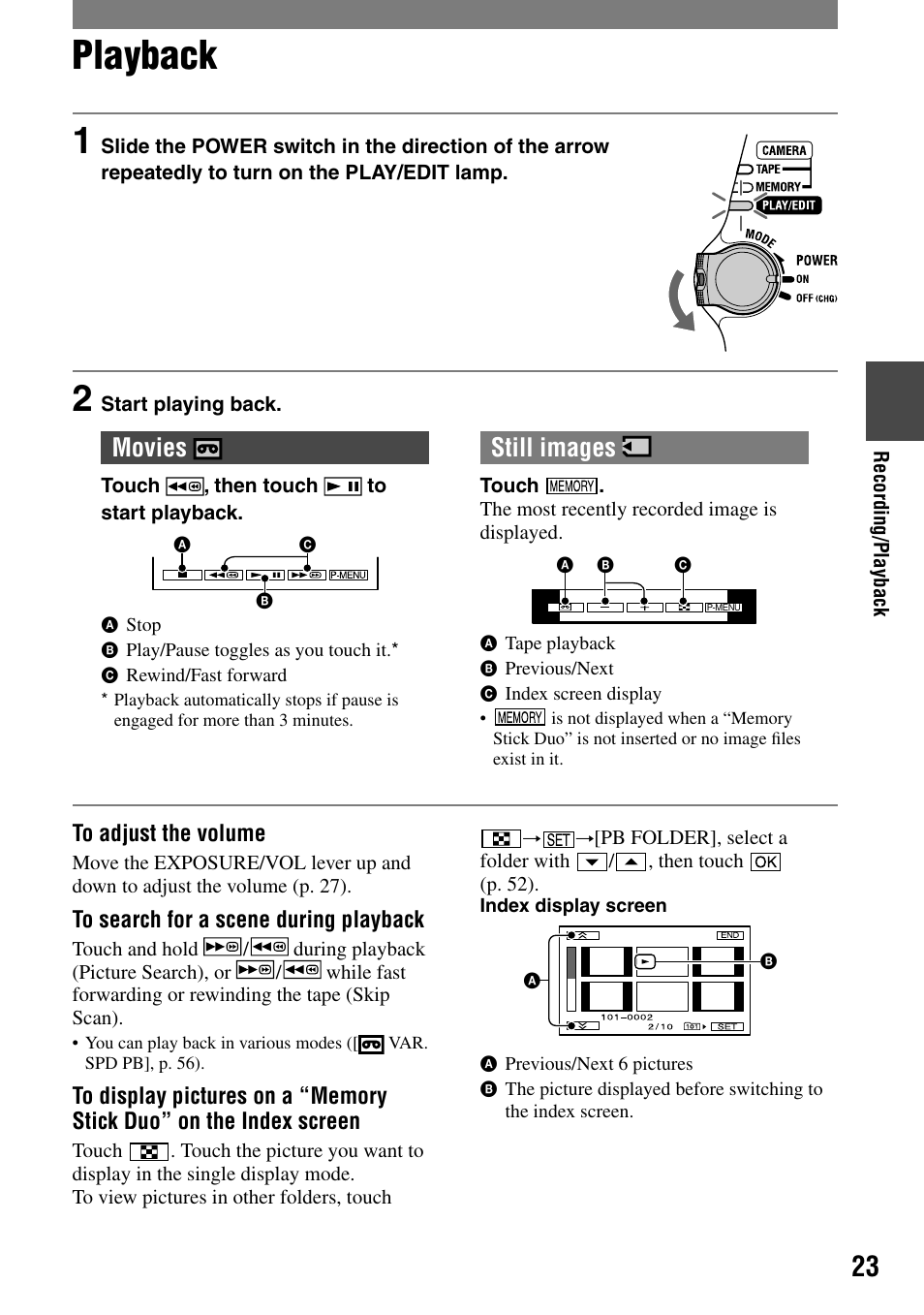 Playback, Movies, Still images | Sony HVR-A1N User Manual | Page 23 / 128