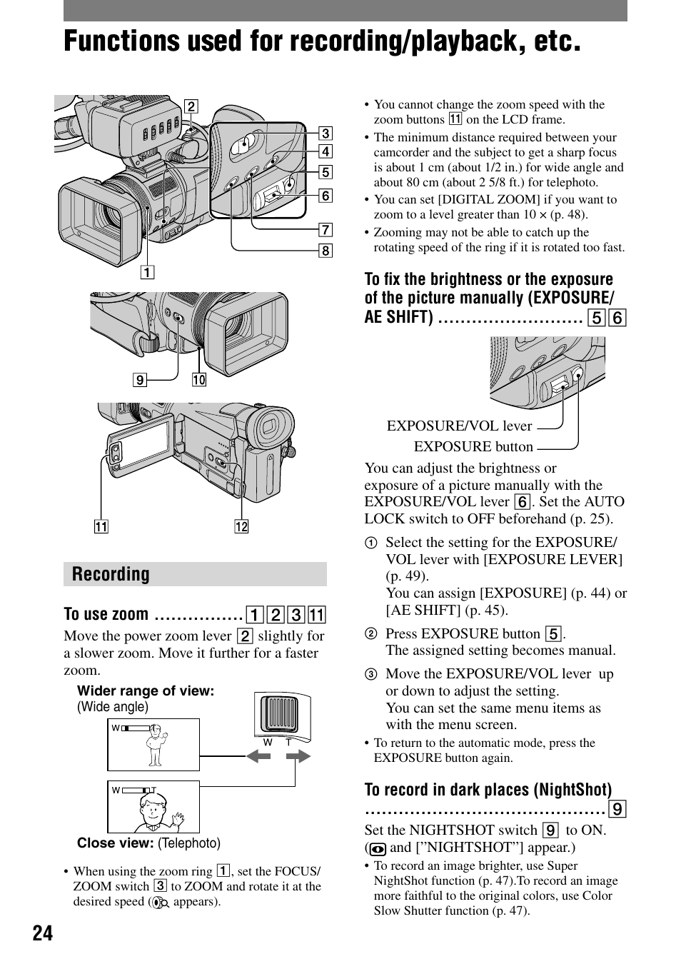 Functions used for recording/playback, etc, Recording, To use zoom | To record in dark places (nightshot), Exposure/ae shift) | Sony HVR-A1N User Manual | Page 24 / 128