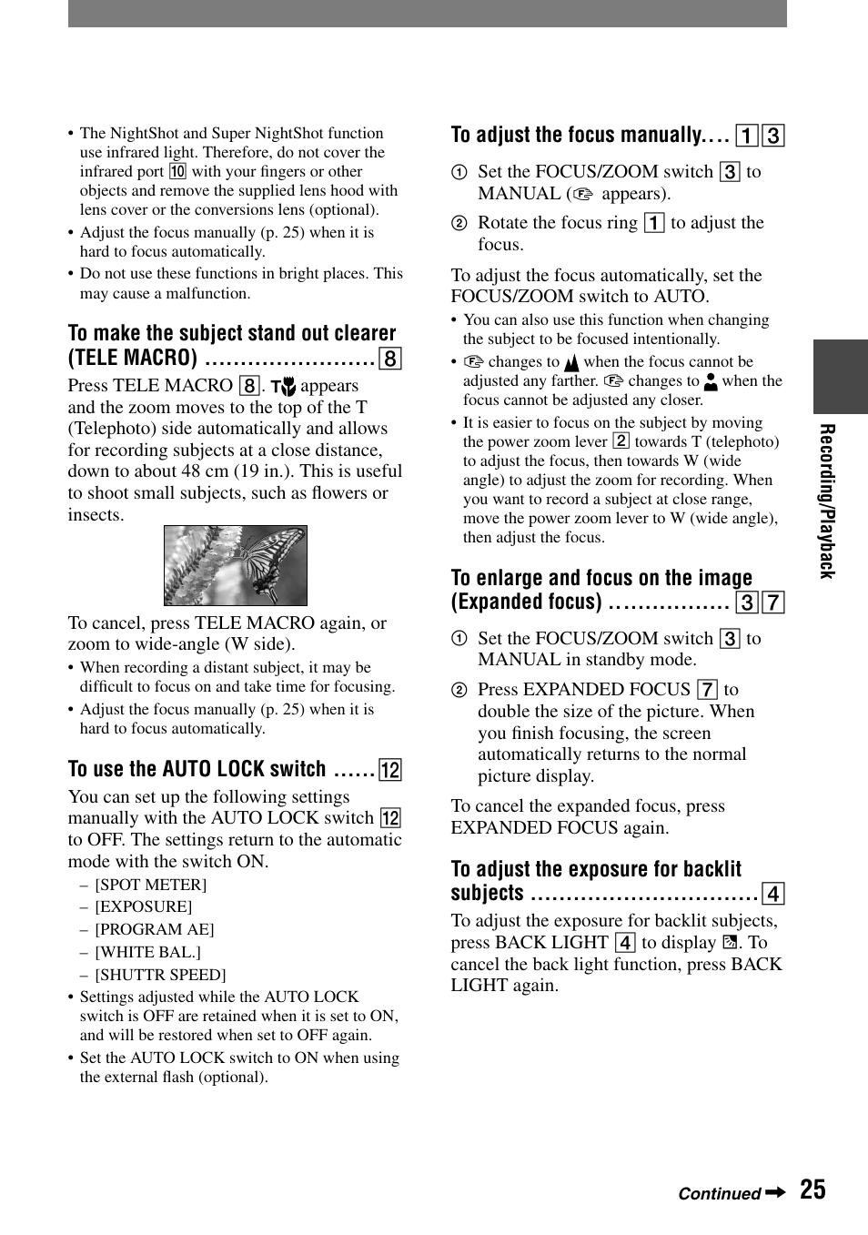 To make the subject stand out clearer (tele macro), To use the auto lock switch, To adjust the focus manually | To enlarge and focus on the image (expanded focus), To adjust the exposure for backlit subjects | Sony HVR-A1N User Manual | Page 25 / 128