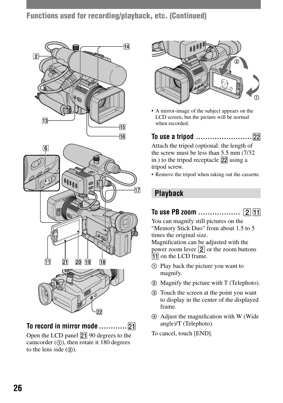 To record in mirror mode, To use a tripod, Playback | To use pb zoom | Sony HVR-A1N User Manual | Page 26 / 128