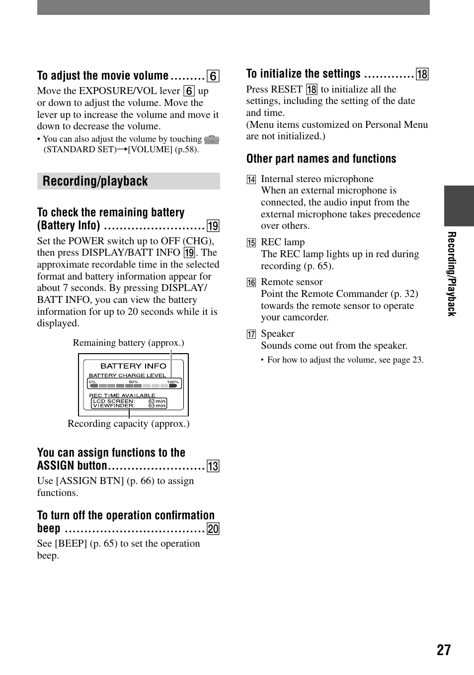 To adjust the movie volume, Recording/playback, To check the remaining battery (battery info) | You can assign functions to the assign button, To turn off the operation confirmation beep, To initialize the settings, Other part names and functions, To turn off the operation conﬁrmation beep | Sony HVR-A1N User Manual | Page 27 / 128