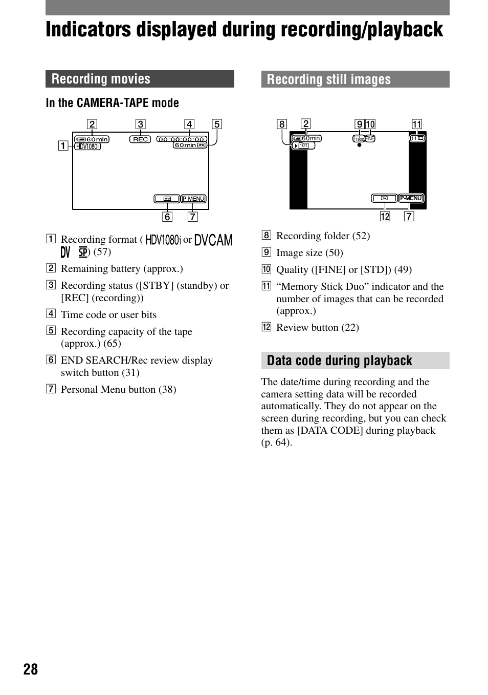 Indicators displayed during recording/playback, Recording movies, Recording still images | Data code during playback | Sony HVR-A1N User Manual | Page 28 / 128
