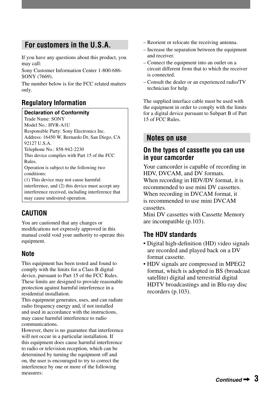 For customers in the u.s.a | Sony HVR-A1N User Manual | Page 3 / 128