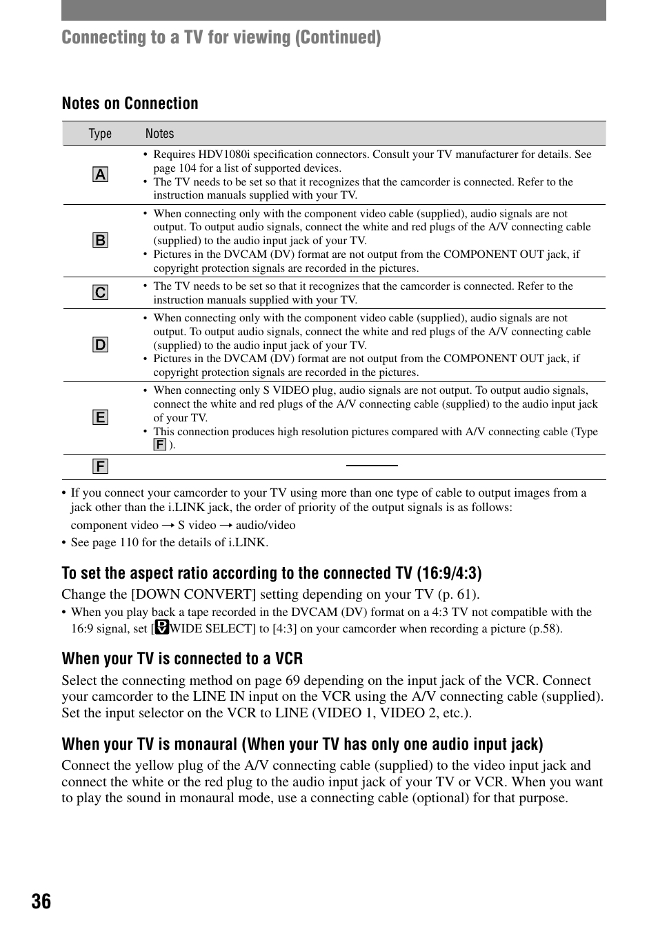 Connecting to a tv for viewing (continued), When your tv is connected to a vcr | Sony HVR-A1N User Manual | Page 36 / 128