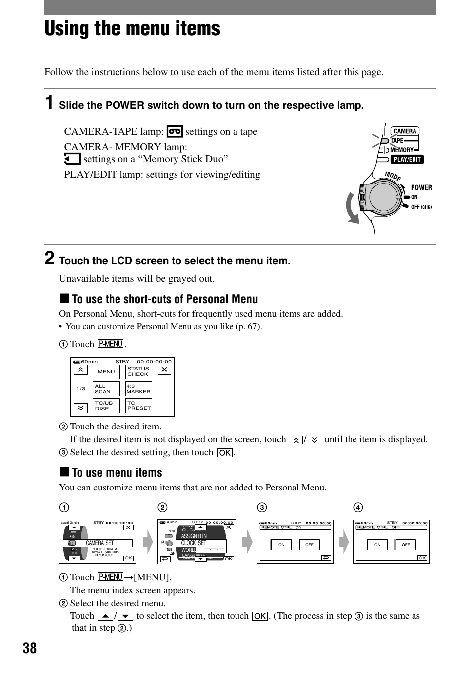 Using the menu, Using the menu items | Sony HVR-A1N User Manual | Page 38 / 128