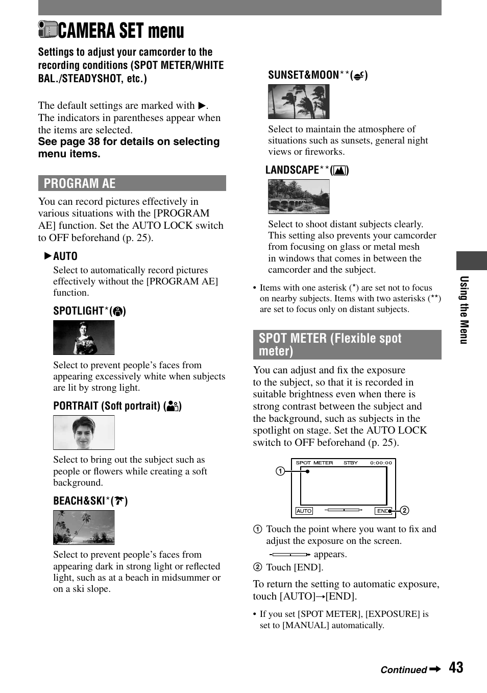 Camera set menu, Spot meter/white bal./steadyshot, etc.), Program ae | Spot meter (flexible spot meter) | Sony HVR-A1N User Manual | Page 43 / 128