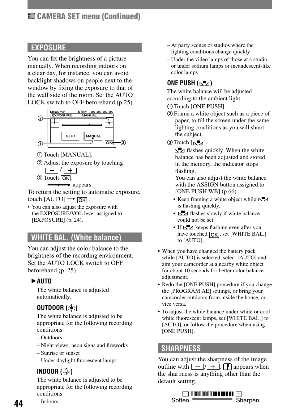 Camera set menu (continued), Exposure, White bal. (white balance) | Sharpness | Sony HVR-A1N User Manual | Page 44 / 128