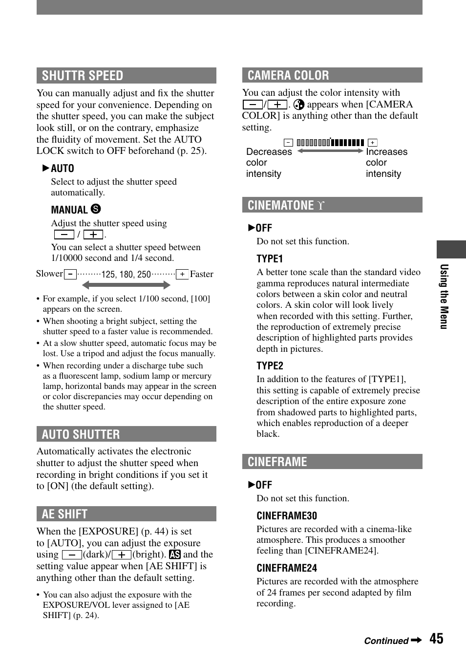 Shuttr speed, Auto shutter, Ae shift | Camera color, Cinematone ϒ, Cineframe | Sony HVR-A1N User Manual | Page 45 / 128