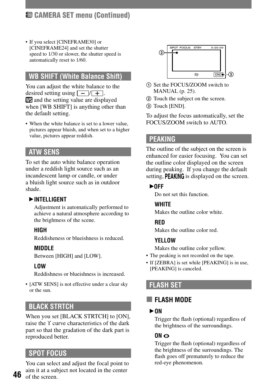 Camera set menu (continued), Wb shift (white balance shift), Atw sens | Black strtch, Spot focus, Peaking, Flash set | Sony HVR-A1N User Manual | Page 46 / 128