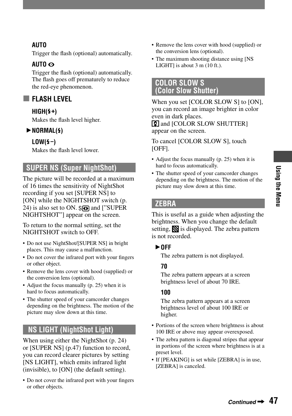 Super ns (super nightshot), Ns light (nightshot light), Color slow s (color slow shutter) | Zebra | Sony HVR-A1N User Manual | Page 47 / 128