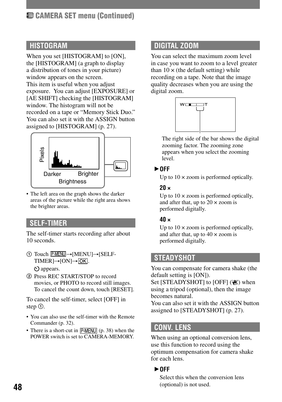 Camera set menu (continued), Histogram, Self-timer | Digital zoom, Steadyshot, Conv. lens | Sony HVR-A1N User Manual | Page 48 / 128