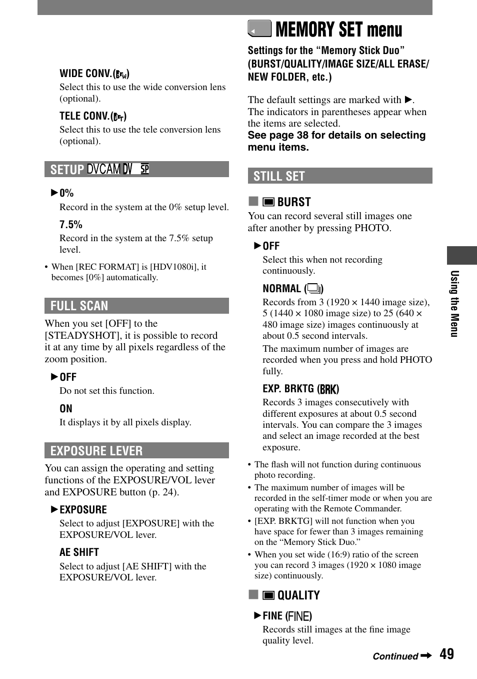 Memory set menu, Settings for the “memory stick duo | Sony HVR-A1N User Manual | Page 49 / 128