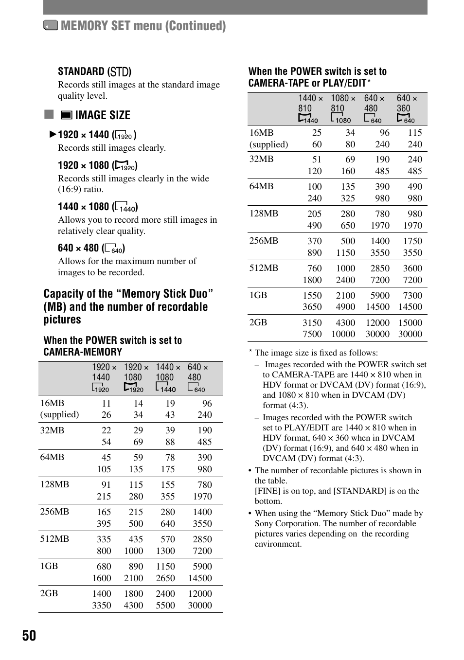 Image size | Sony HVR-A1N User Manual | Page 50 / 128