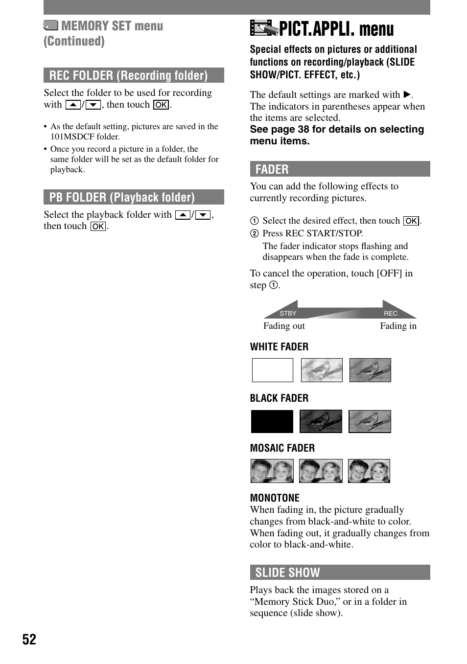 Pict.appli. menu, Slide show/pict. effect, etc.) | Sony HVR-A1N User Manual | Page 52 / 128