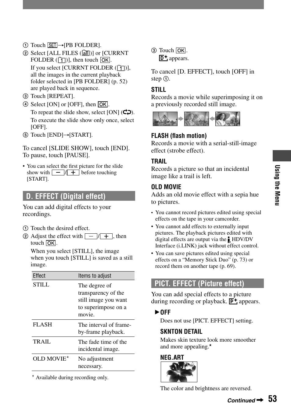 D. effect (digital effect), Pict. effect (picture effect) | Sony HVR-A1N User Manual | Page 53 / 128