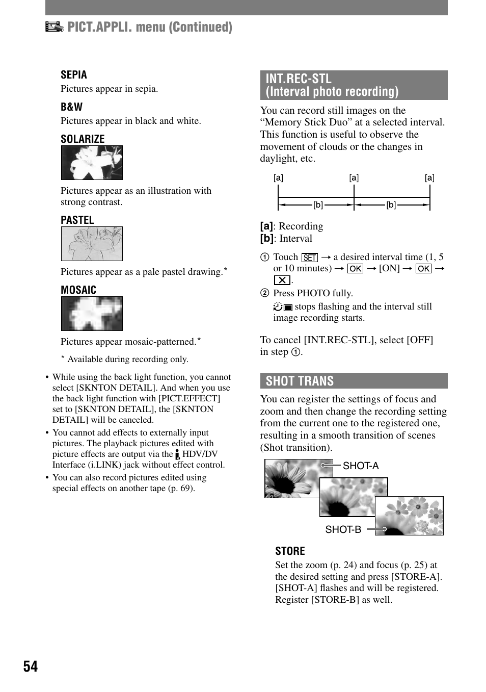 Pict.appli. menu (continued), Int.rec-stl (interval photo recording), Shot trans | Sony HVR-A1N User Manual | Page 54 / 128