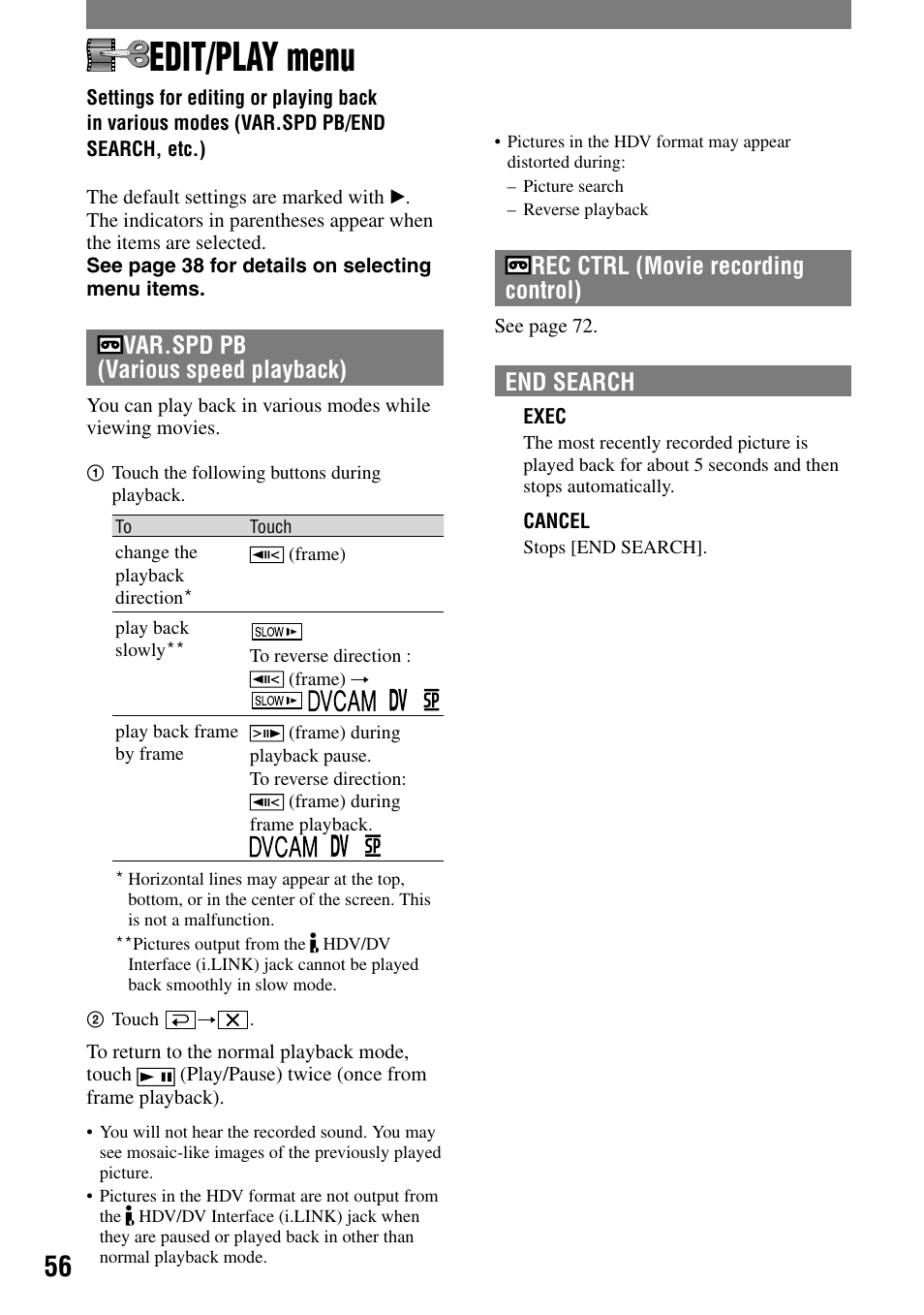 Edit/play menu, Var.spd pb/end search, etc.), Var.spd pb (various speed playback) | Rec ctrl (movie recording control), End search | Sony HVR-A1N User Manual | Page 56 / 128