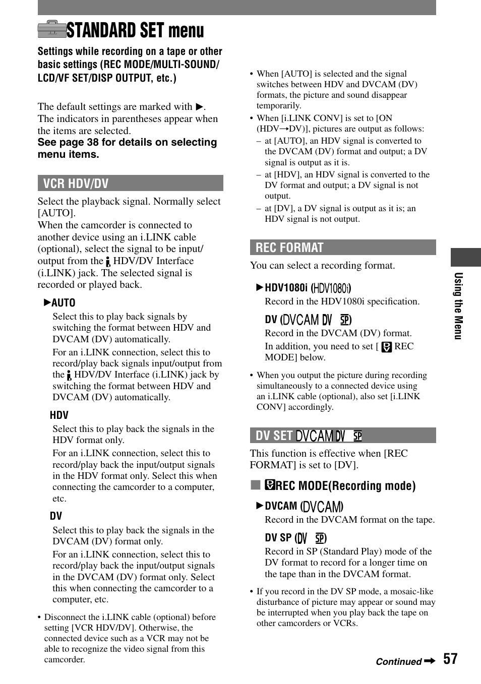 Standard set menu, Rec mode/multi-sound/lcd/vf set/disp output, etc.), Rec format | Dv set, Vcr hdv/dv | Sony HVR-A1N User Manual | Page 57 / 128