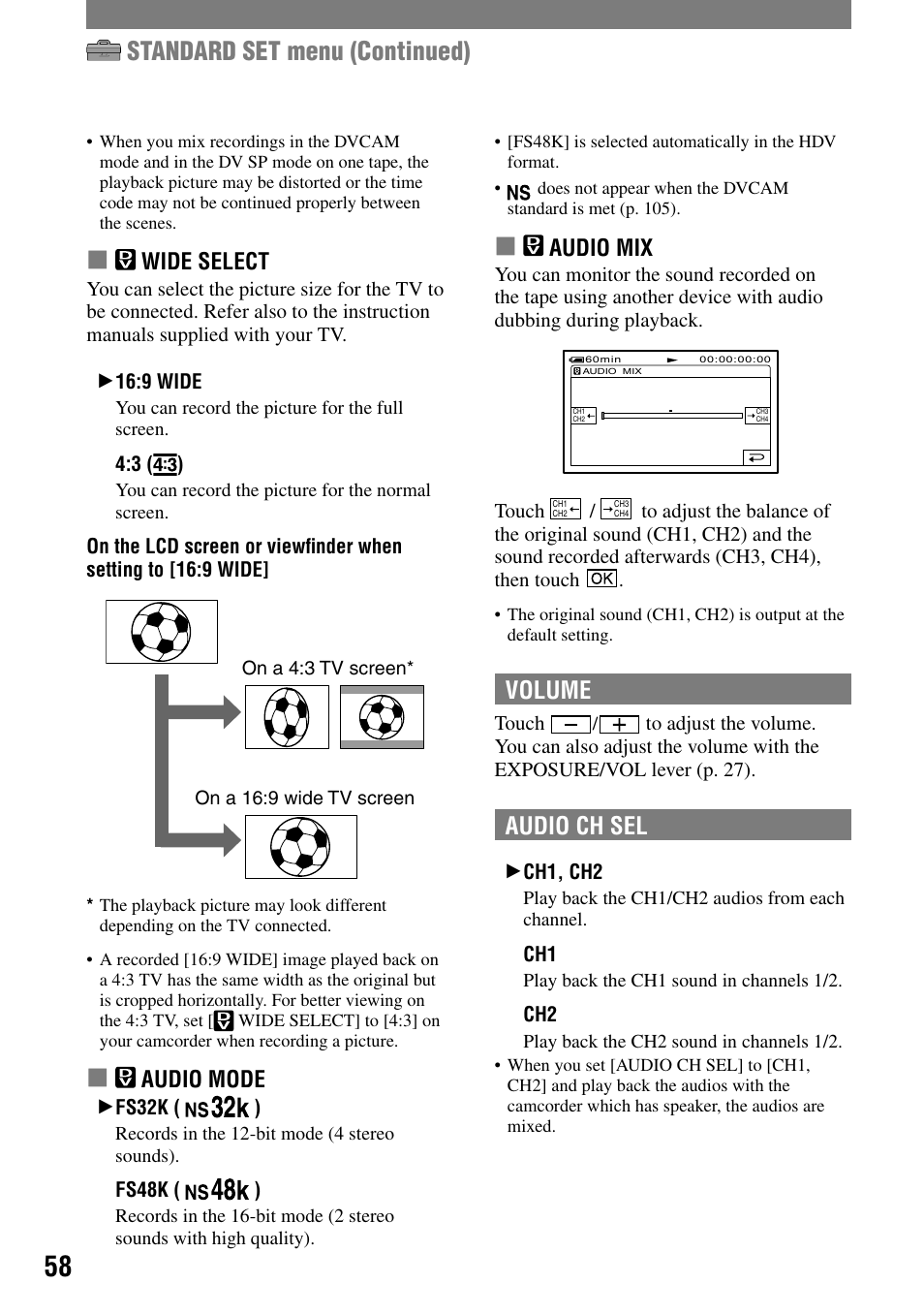 Standard set menu (continued), Volume, Audio ch sel | Wide select, Audio mode, Audio mix | Sony HVR-A1N User Manual | Page 58 / 128