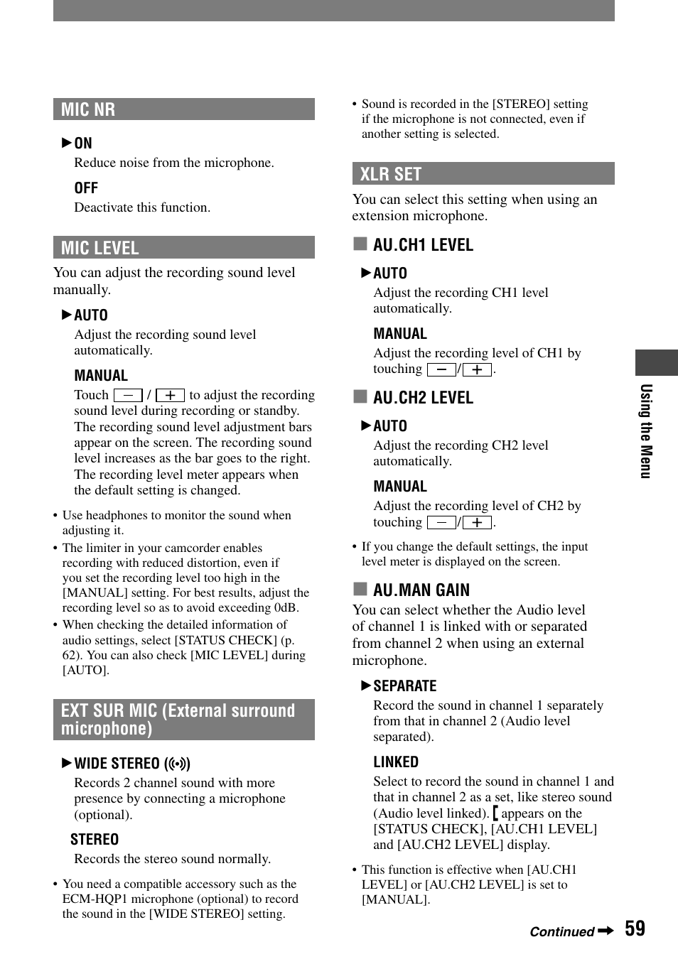 Xlr set, Mic nr, Mic level | Ext sur mic (external surround microphone) | Sony HVR-A1N User Manual | Page 59 / 128