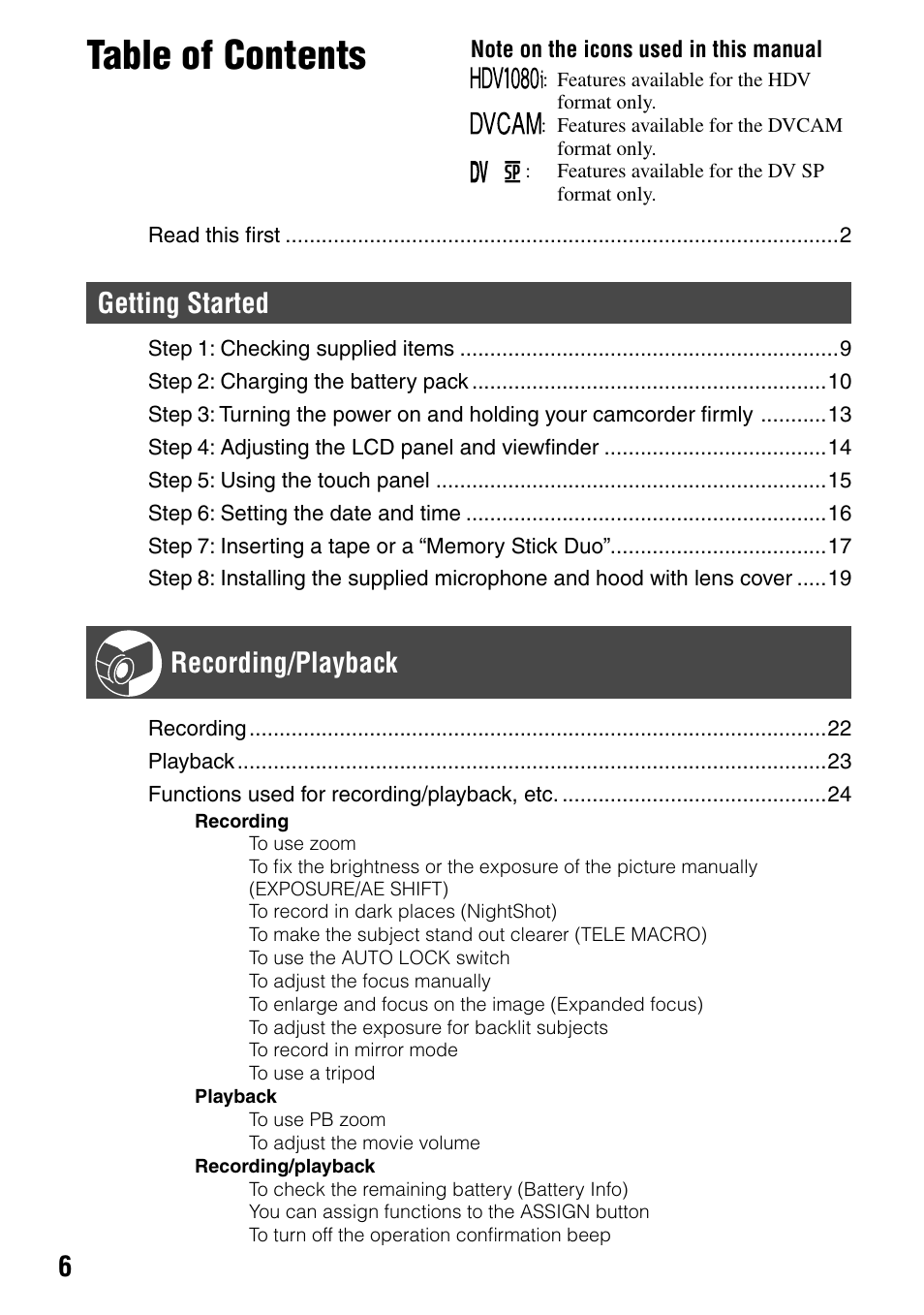 Sony HVR-A1N User Manual | Page 6 / 128