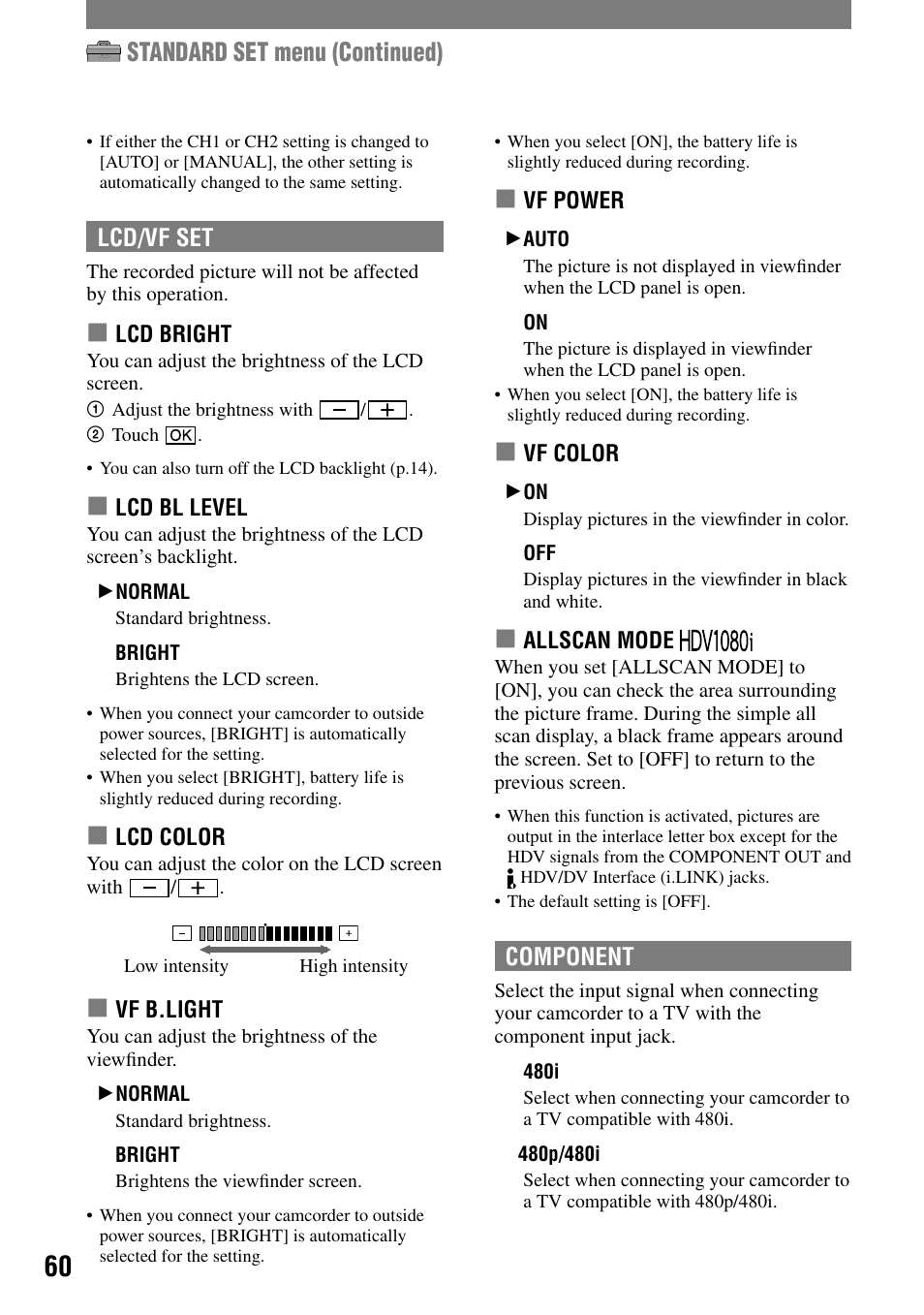 Standard set menu (continued) | Sony HVR-A1N User Manual | Page 60 / 128