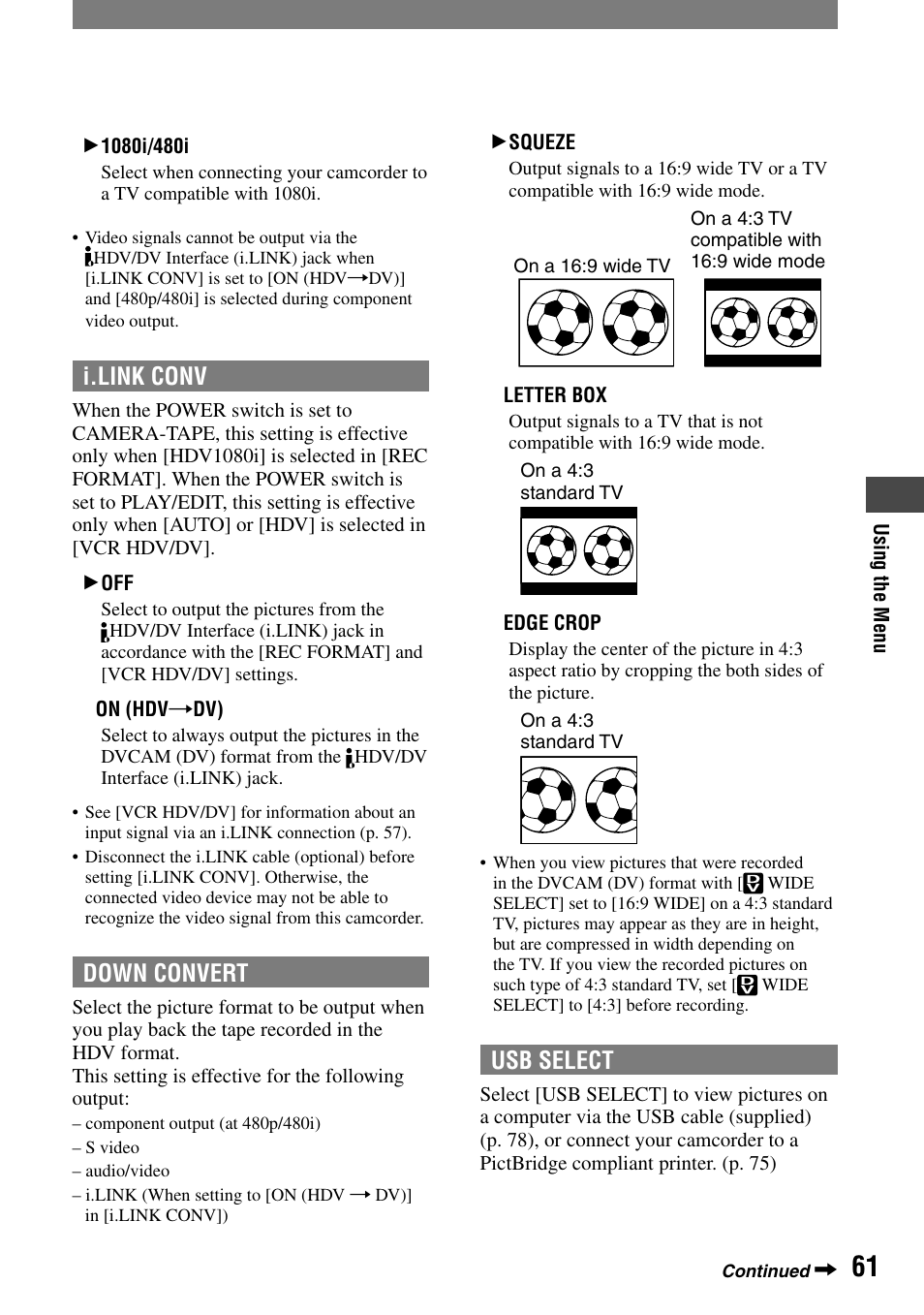 Usb select, I.link conv, Down convert | Sony HVR-A1N User Manual | Page 61 / 128