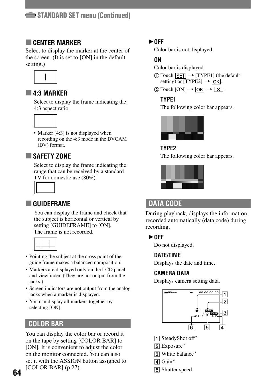 Standard set menu (continued), Color bar, Data code | Center marker, 3 marker, Safety zone, Guideframe | Sony HVR-A1N User Manual | Page 64 / 128