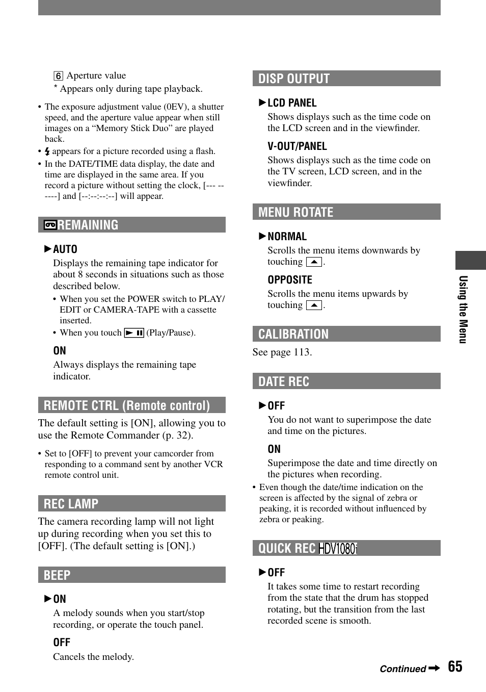 Remaining, Remote ctrl (remote control), Rec lamp | Beep, Disp output, Menu rotate, Calibration, Date rec, Quick rec | Sony HVR-A1N User Manual | Page 65 / 128