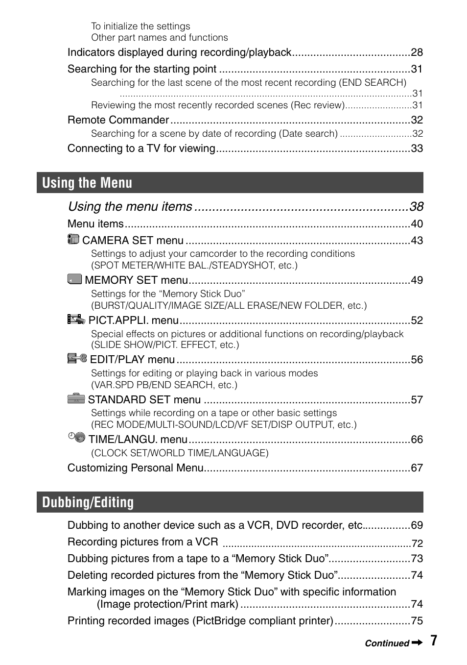 Using the menu, Dubbing/editing, Using the menu items | Sony HVR-A1N User Manual | Page 7 / 128