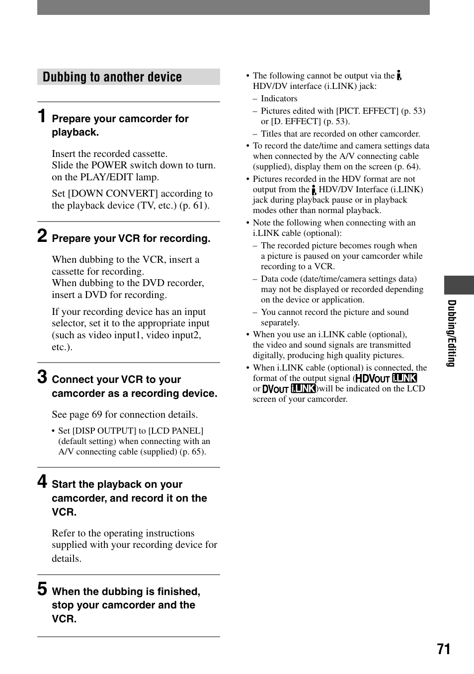 Dubbing to another device | Sony HVR-A1N User Manual | Page 71 / 128