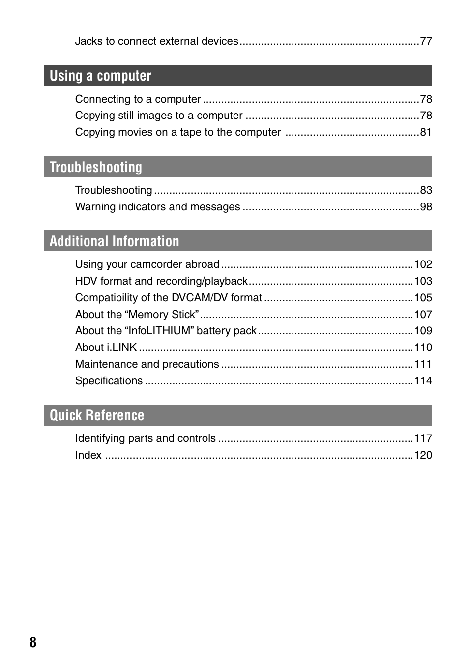 Sony HVR-A1N User Manual | Page 8 / 128