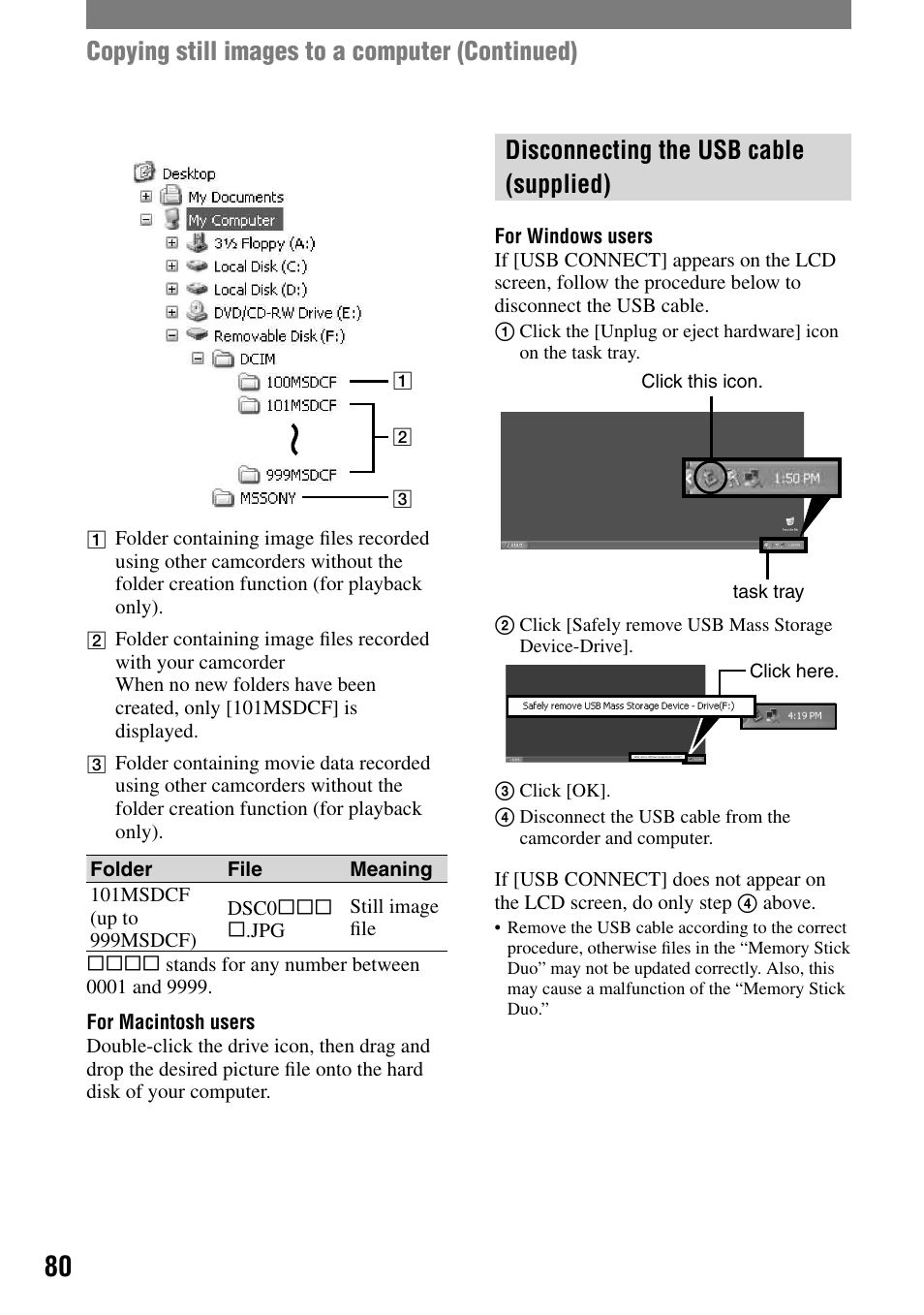 Disconnecting the usb cable (supplied), Copying still images to a computer (continued) | Sony HVR-A1N User Manual | Page 80 / 128