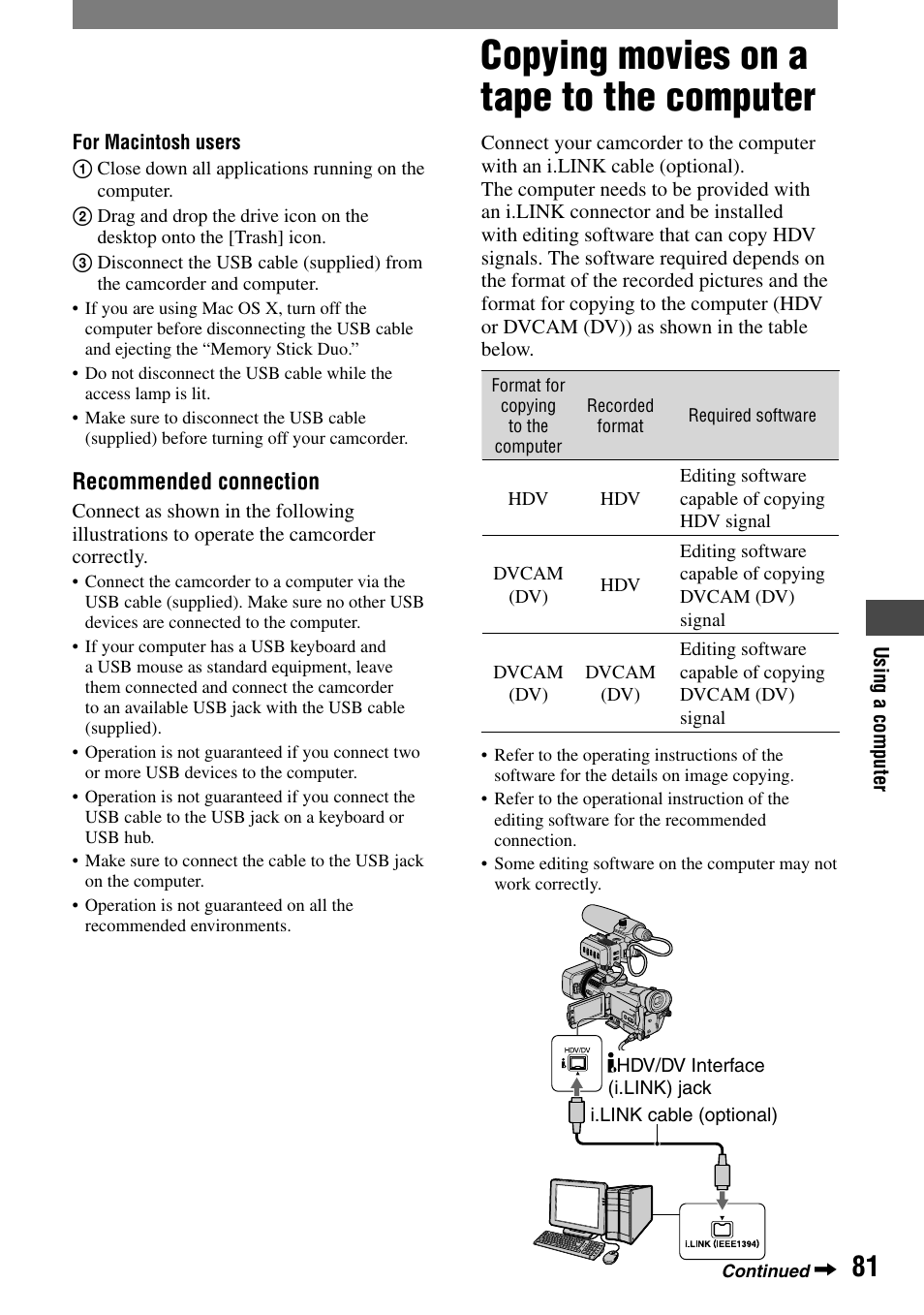 Copying movies on a tape to the computer, Recommended connection | Sony HVR-A1N User Manual | Page 81 / 128