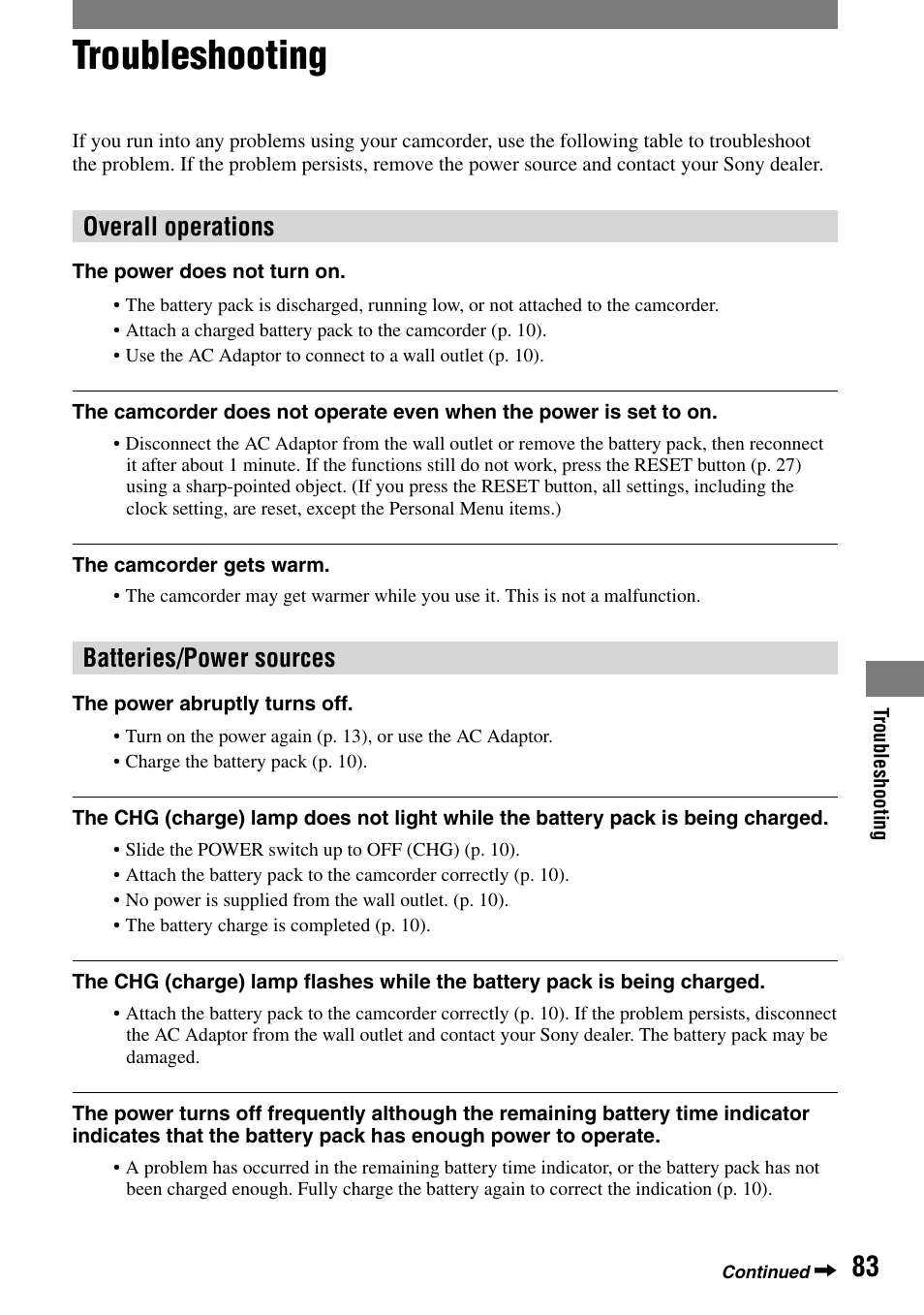 Troubleshooting, Overall operations, Batteries/power sources | Sony HVR-A1N User Manual | Page 83 / 128