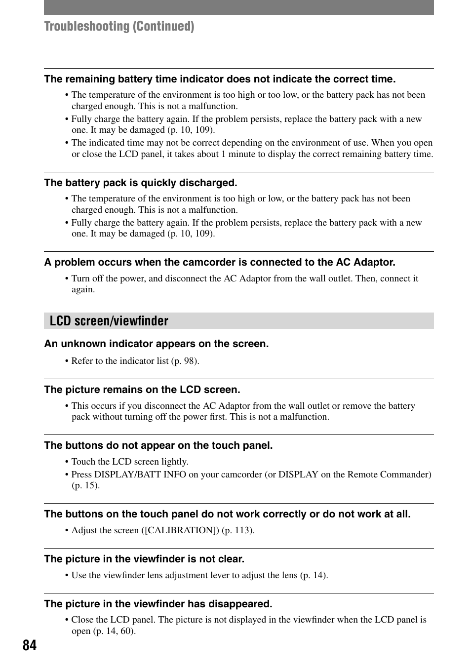 Troubleshooting (continued), Lcd screen/viewﬁnder | Sony HVR-A1N User Manual | Page 84 / 128