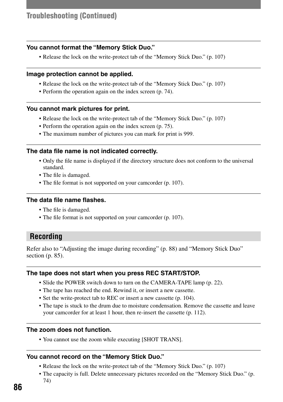 Troubleshooting (continued), Recording | Sony HVR-A1N User Manual | Page 86 / 128