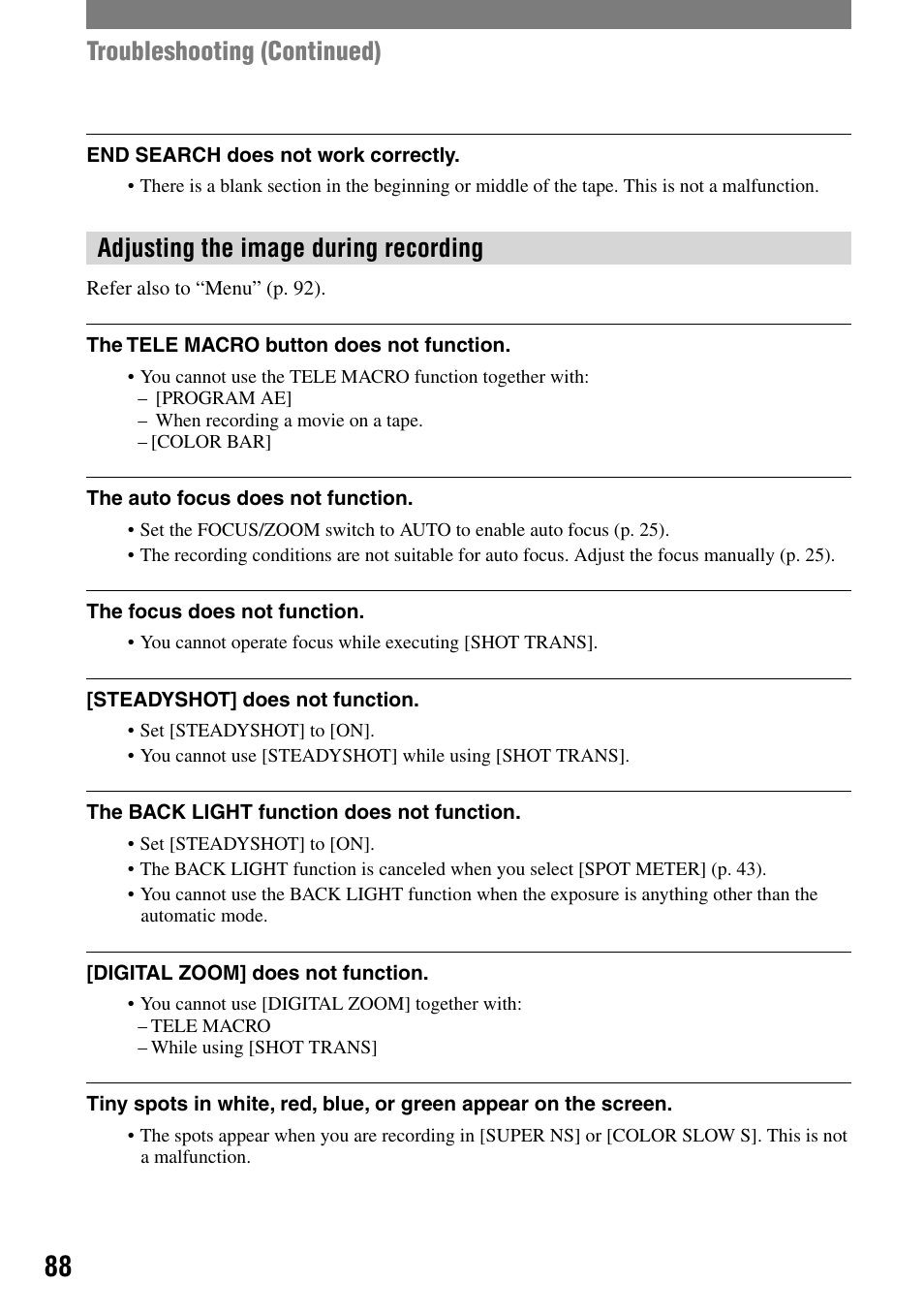 Troubleshooting (continued), Adjusting the image during recording | Sony HVR-A1N User Manual | Page 88 / 128