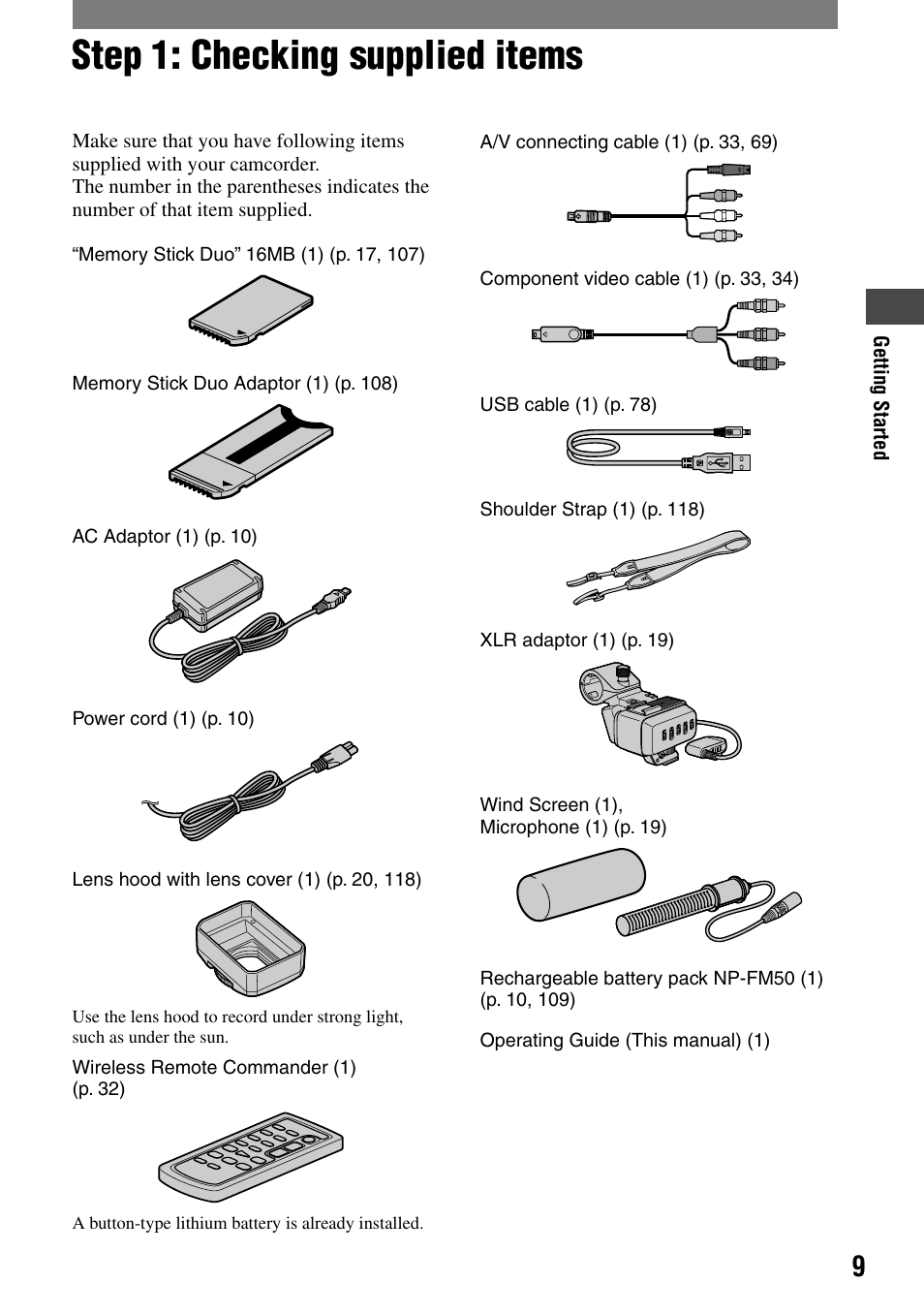 Getting started, Step 1: checking supplied items | Sony HVR-A1N User Manual | Page 9 / 128