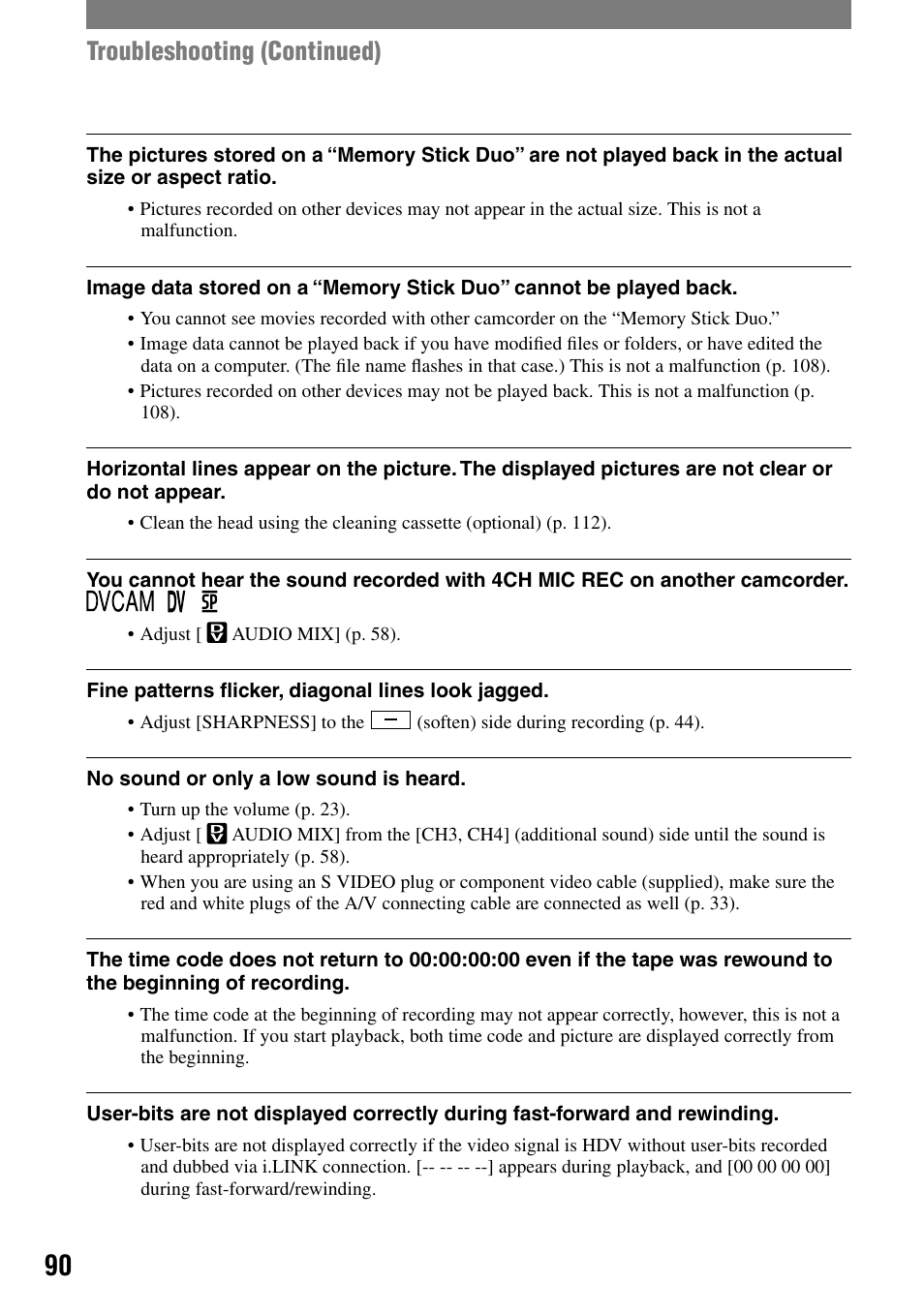 Troubleshooting (continued) | Sony HVR-A1N User Manual | Page 90 / 128