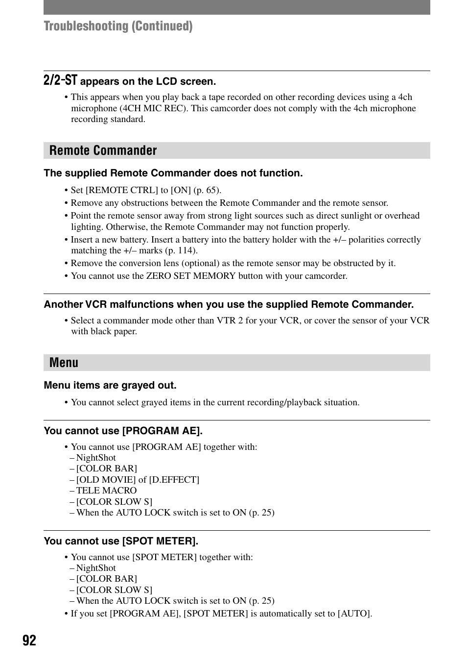 Troubleshooting (continued), Remote commander, Menu | Sony HVR-A1N User Manual | Page 92 / 128