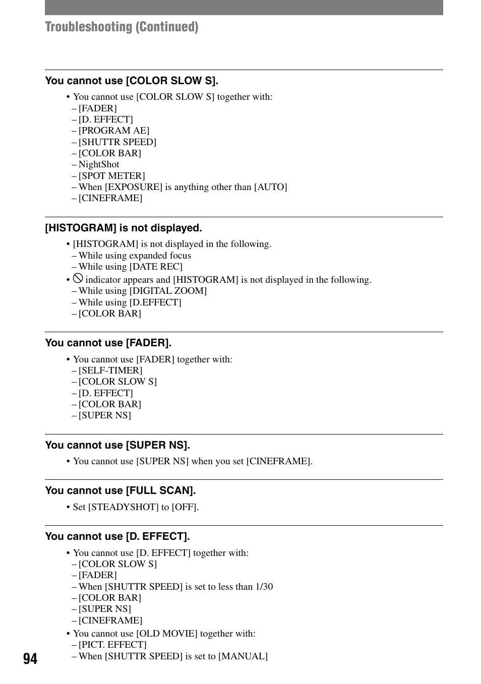 Troubleshooting (continued) | Sony HVR-A1N User Manual | Page 94 / 128